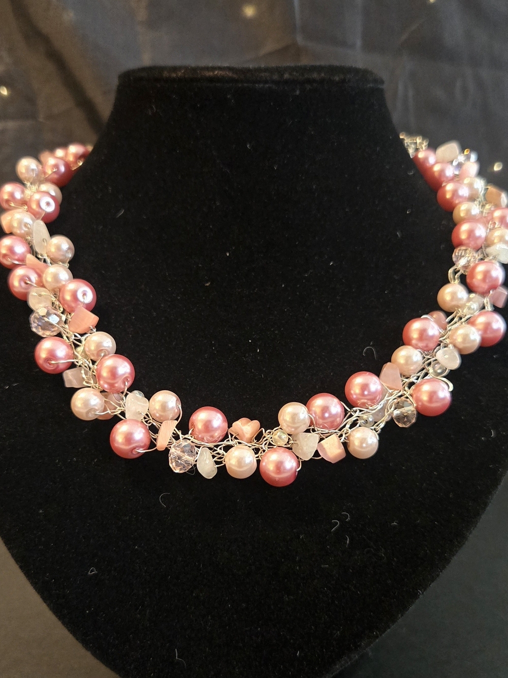 ✨ Handmade Wire Crochet Pink Pearl Cluster Necklace W Rose Quartz Chips